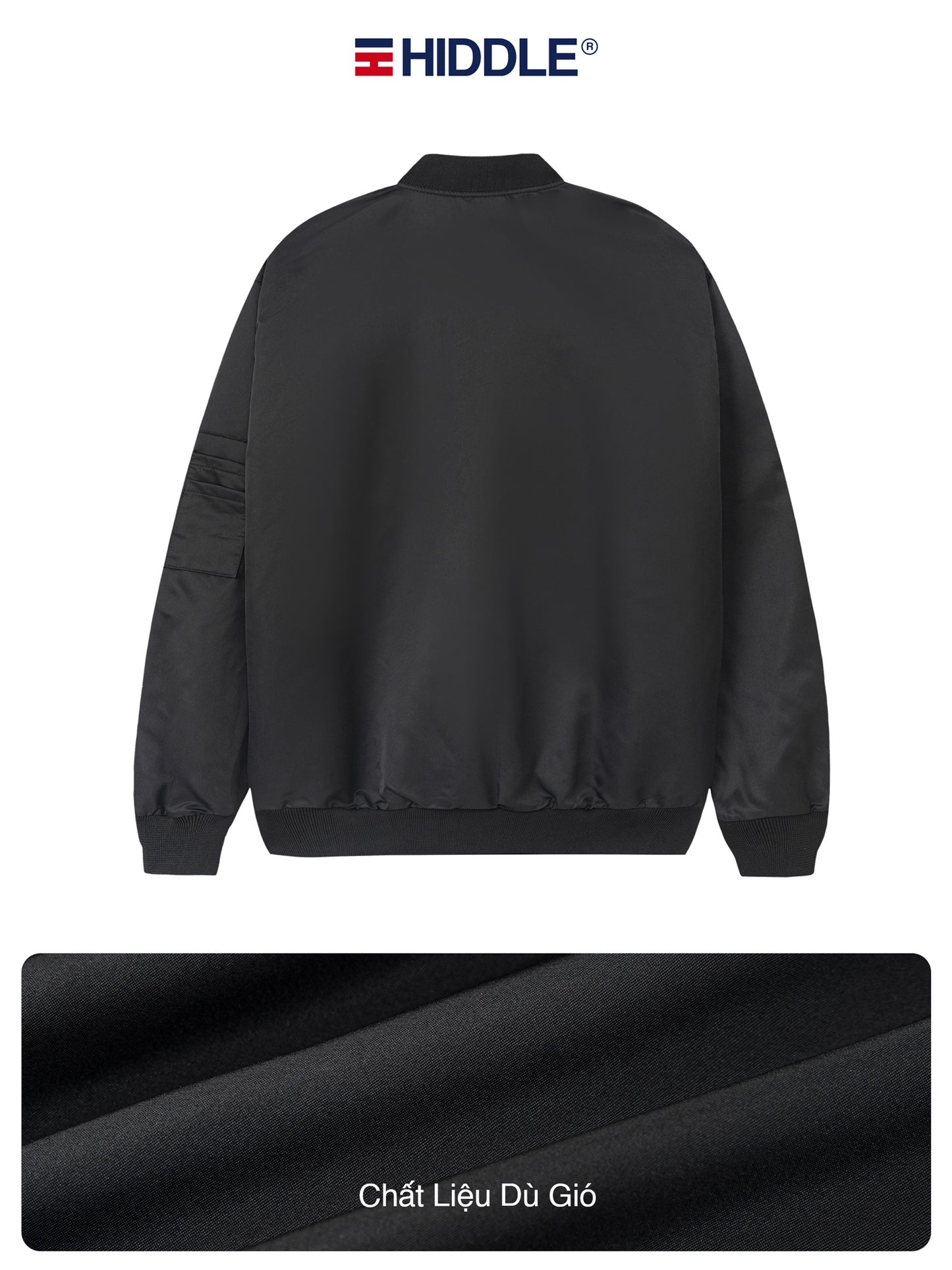 Black bomber jacket with Hiddle logo on a white background