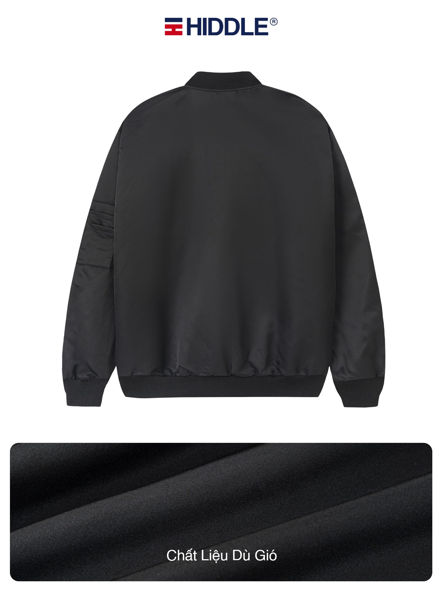 Black bomber jacket with Hiddle logo on a white background