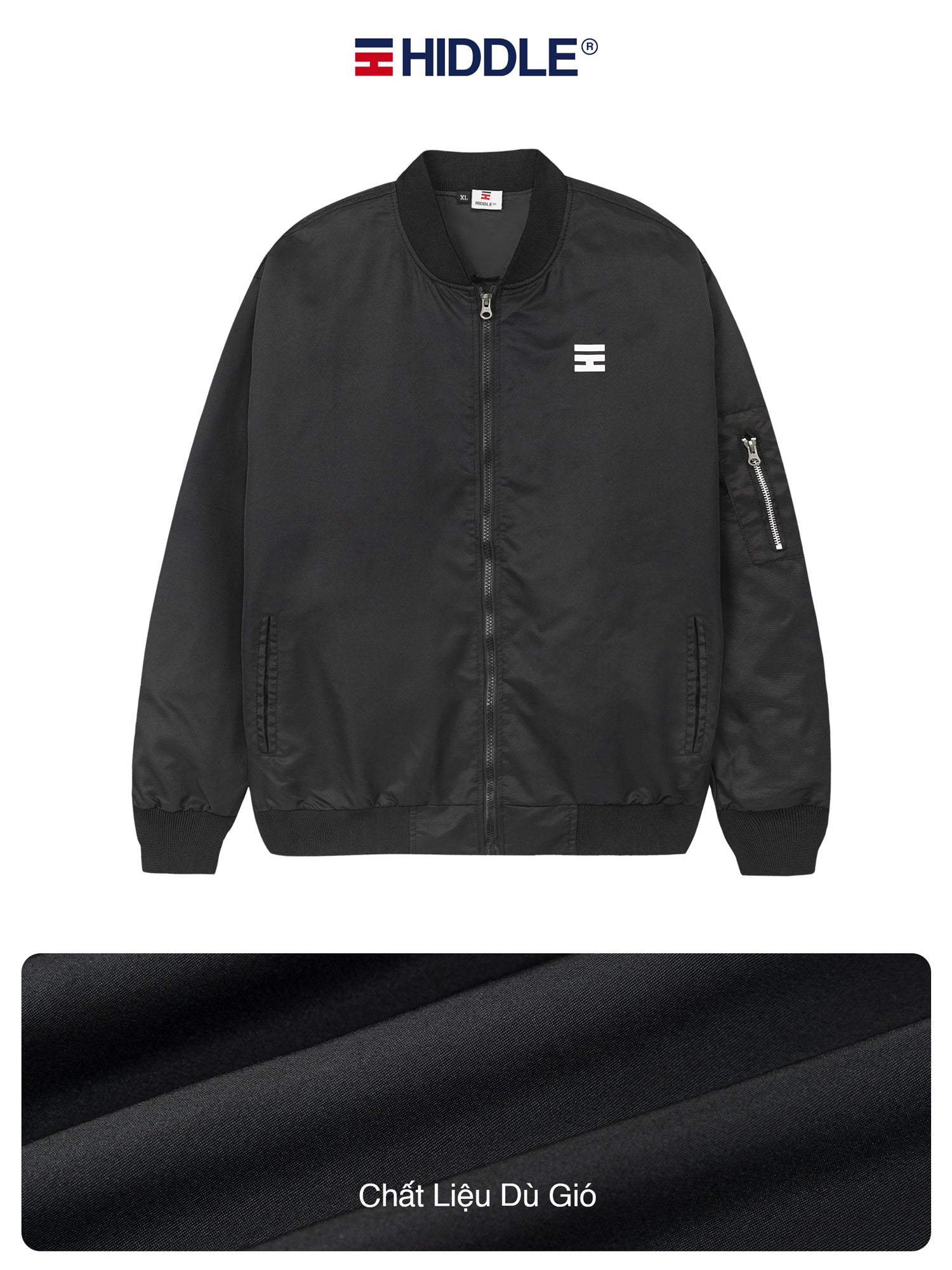 Black bomber jacket with Hiddle logo on a white background