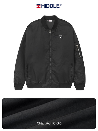 Black bomber jacket with Hiddle logo on a white background