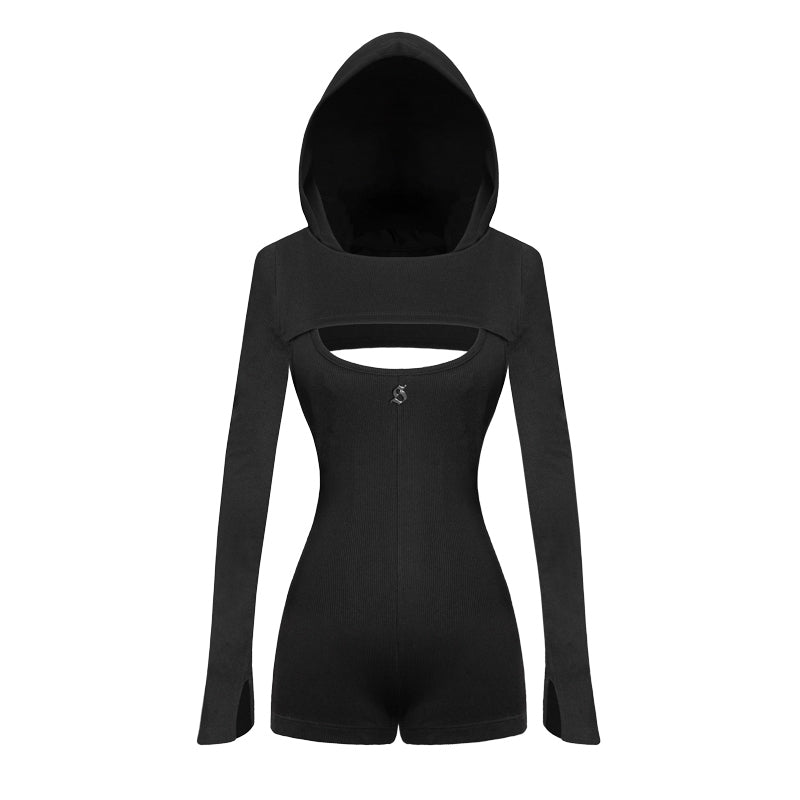 Black hooded romper with cut-out design on a white background