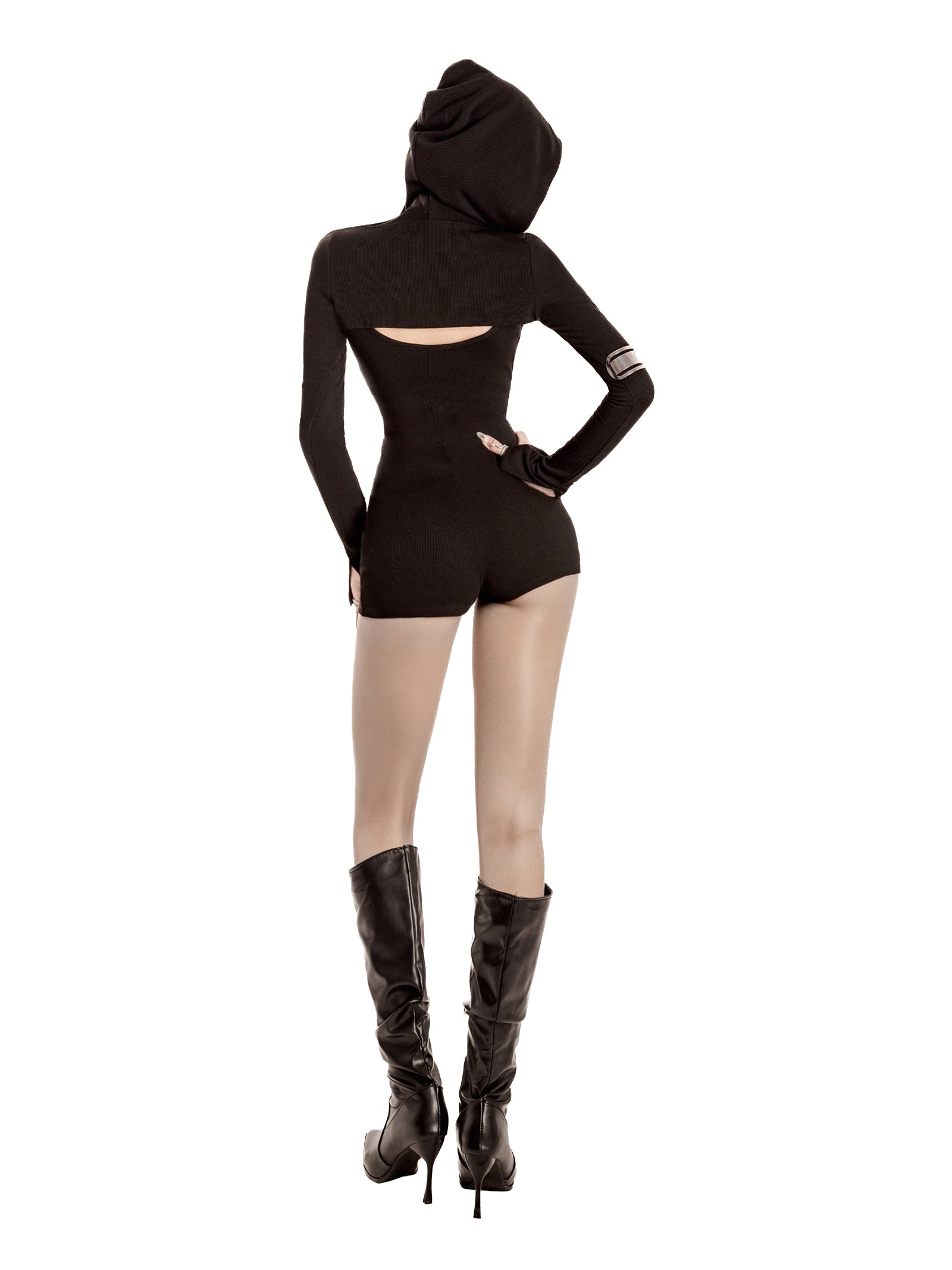 Black hooded outfit with cut-out design and high boots on a white background