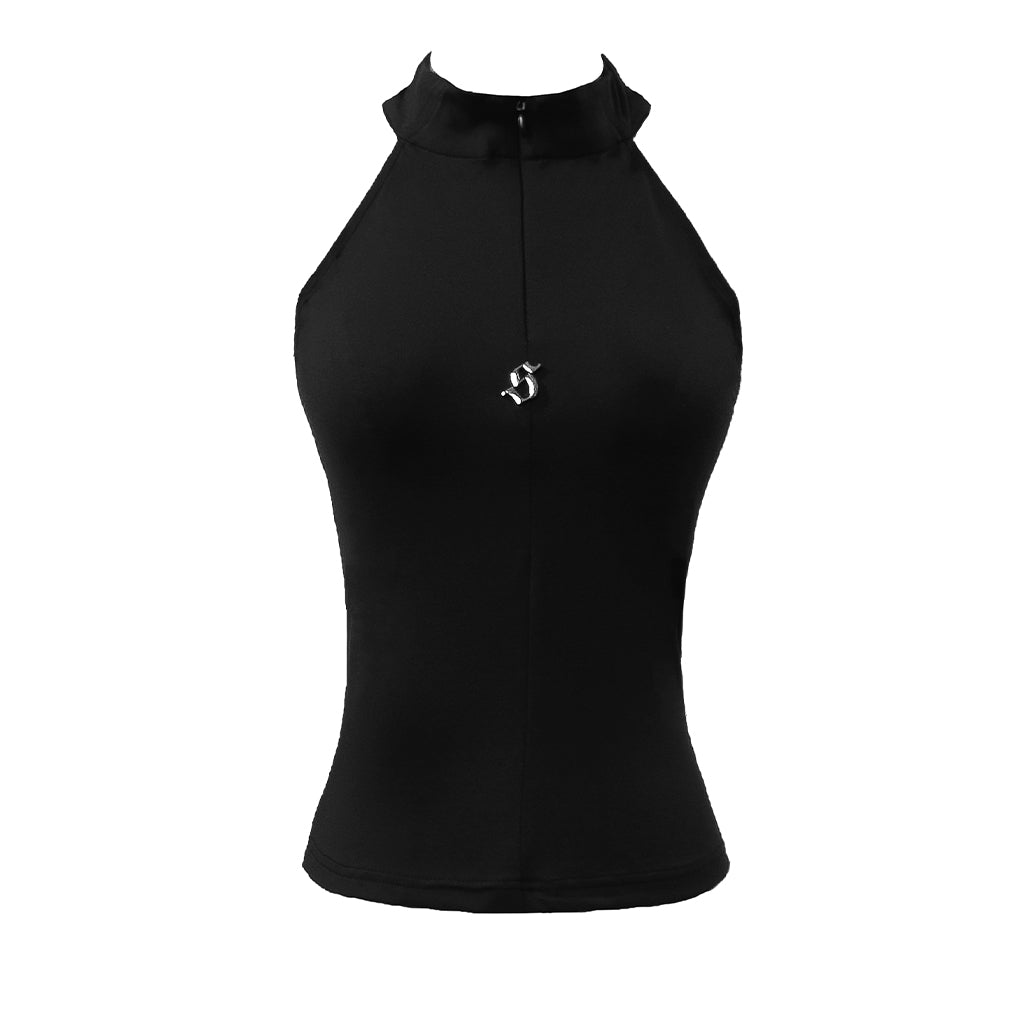 Black sleeveless top with a zipper on a white background