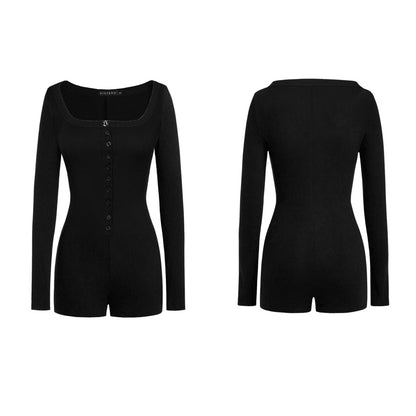 Black long-sleeve romper shown from front and back on a white background