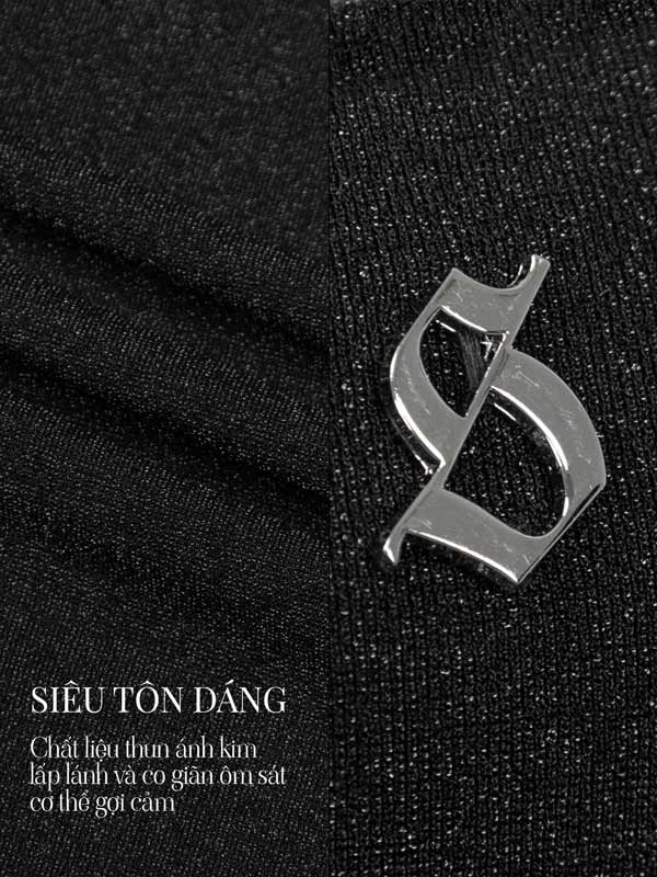 Silver logo on black fabric with text overlay