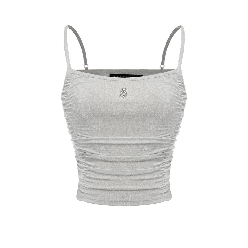 Gray ruched crop top with thin straps on a white background