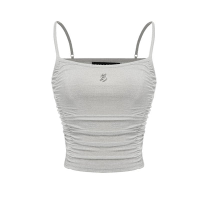 Gray ruched crop top with thin straps on a white background