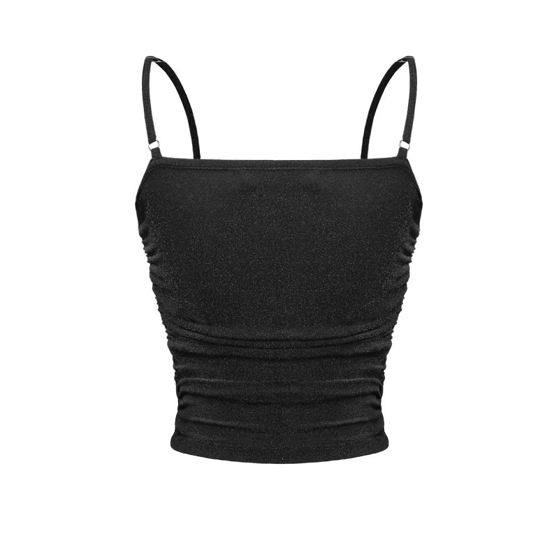 Black crop top with thin straps on a white background