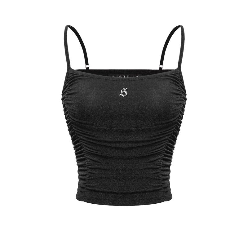 Black crop top with thin straps on a white background