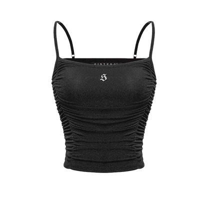 Black crop top with thin straps on a white background