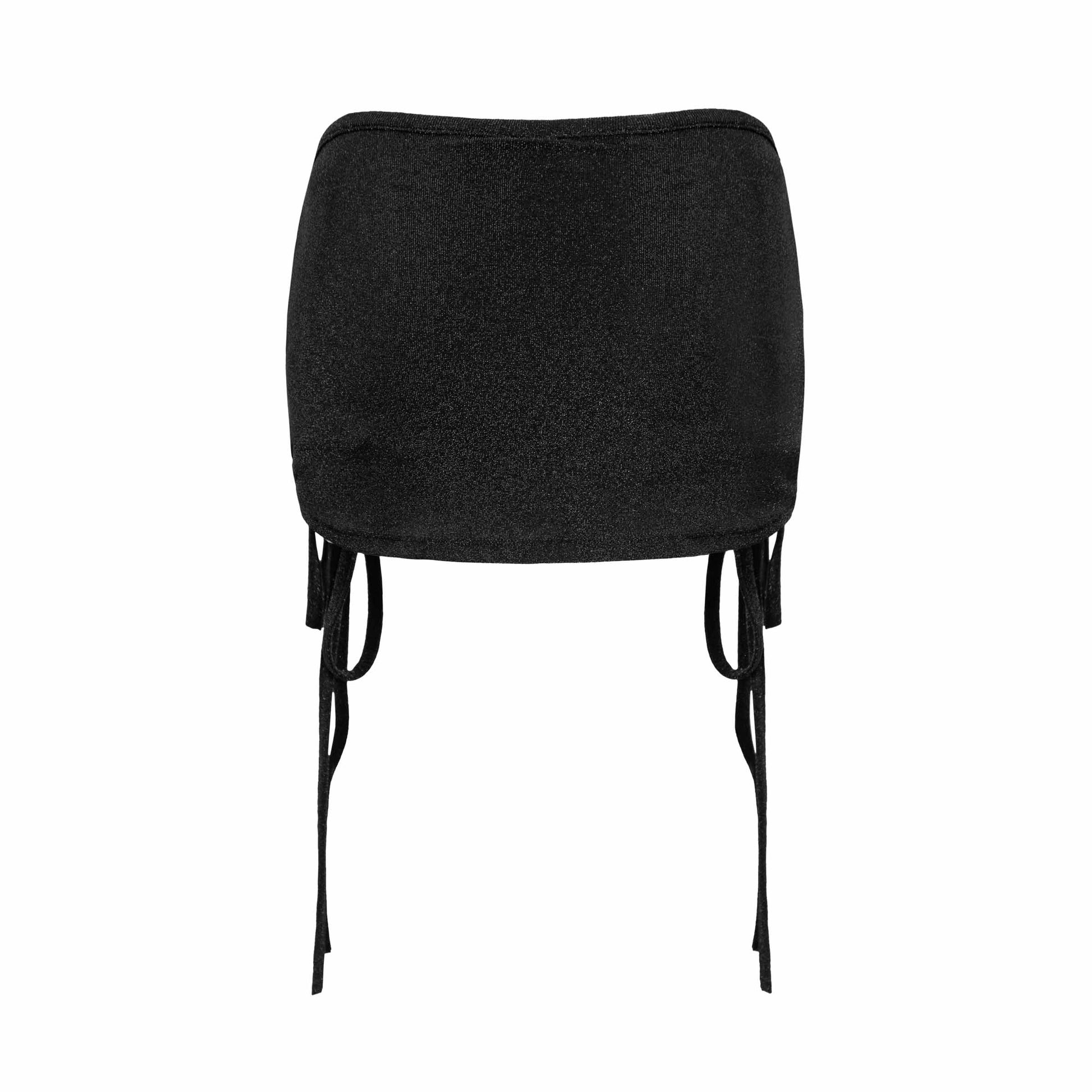 Black strapless top with thin straps on a white background