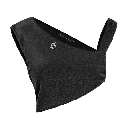 Black triangle-shaped bag with a logo on a white background