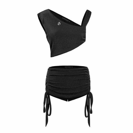 Black crop top and high-waisted shorts set on a white background