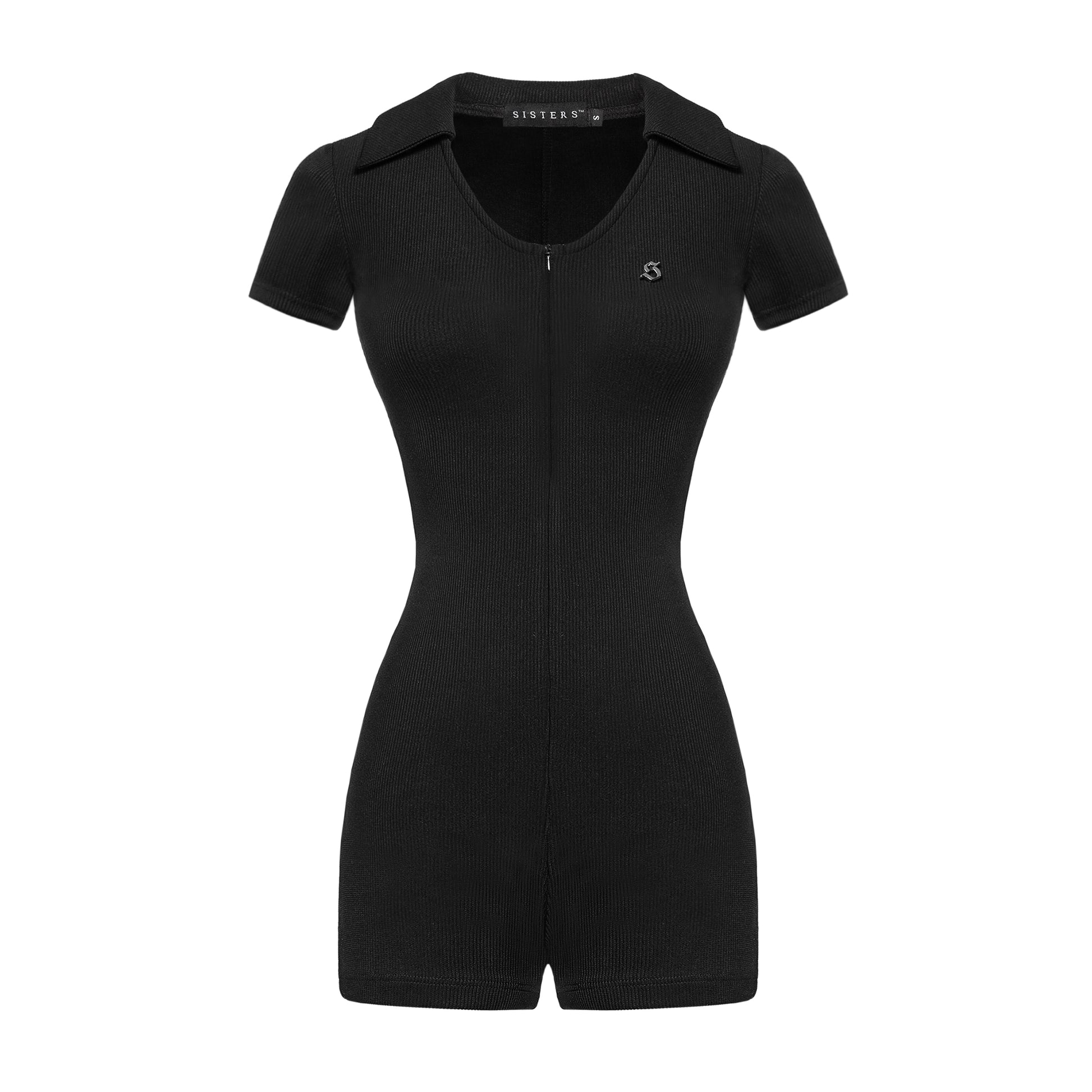 Black romper with a zipper on a white background