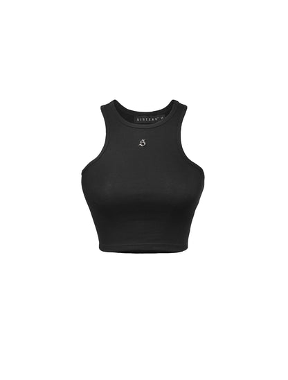 Black crop top with a brand logo on a white background