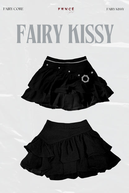 Black ruffled skirt with decorative elements on a white background, featuring the brand 'Fairy Kissy'.