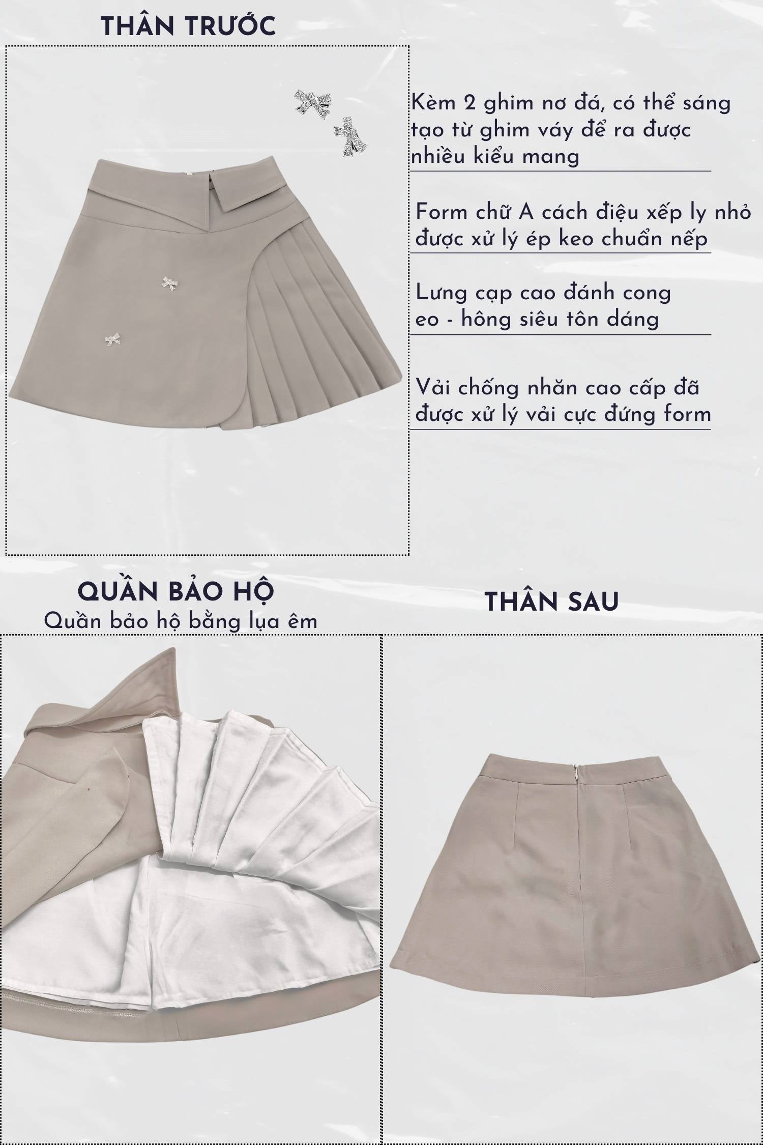 Skirt with pleated design and front and back views shown on a white background.