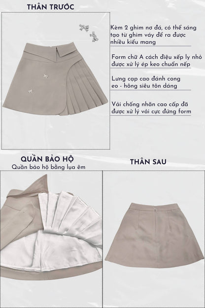 Skirt with pleated design and front and back views shown on a white background.