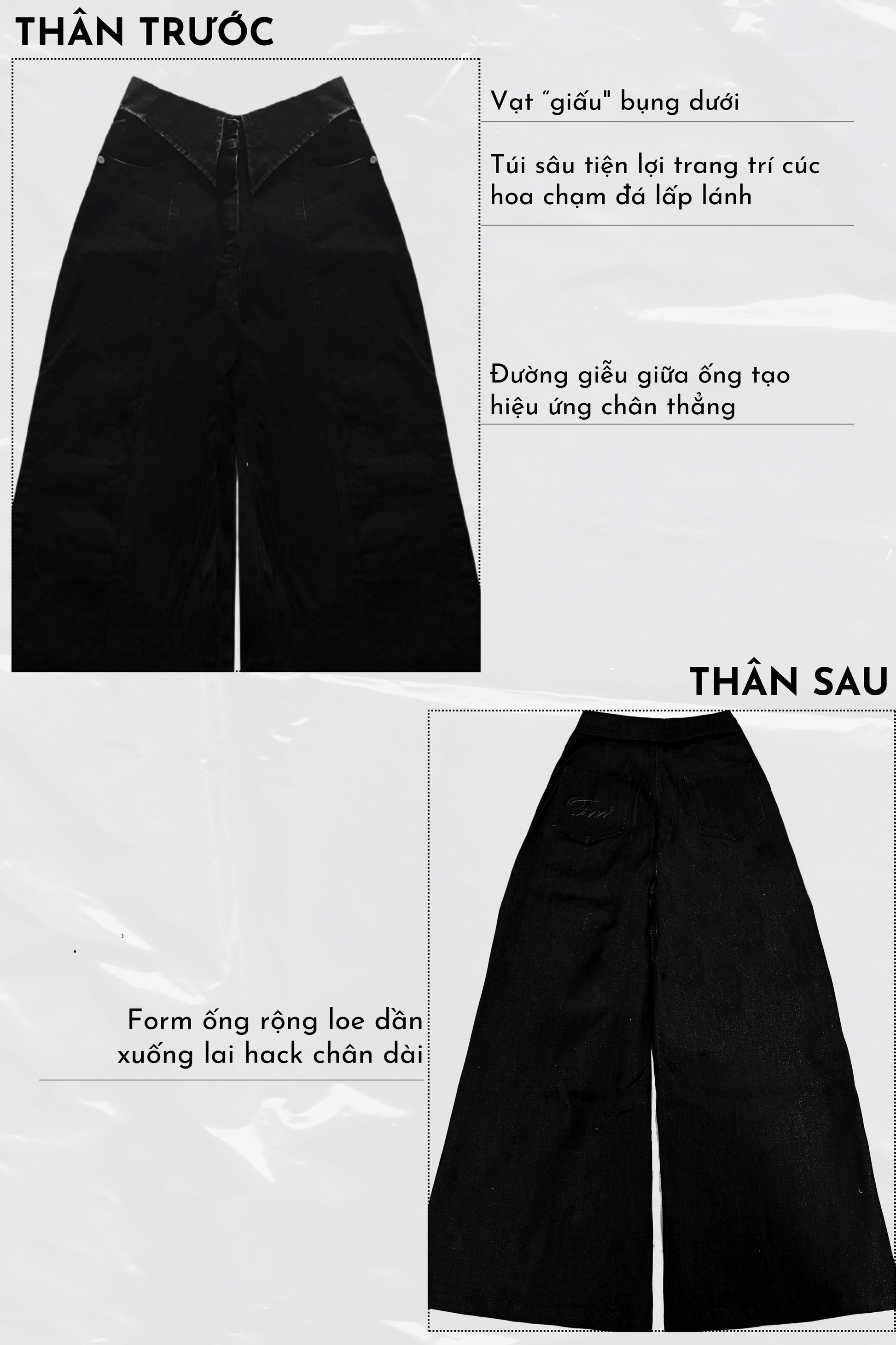 Black wide-leg pants with detailed specifications on a white background