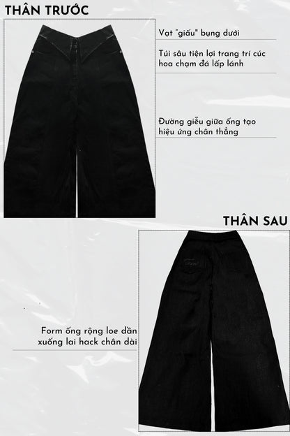 Black wide-leg pants with detailed specifications on a white background