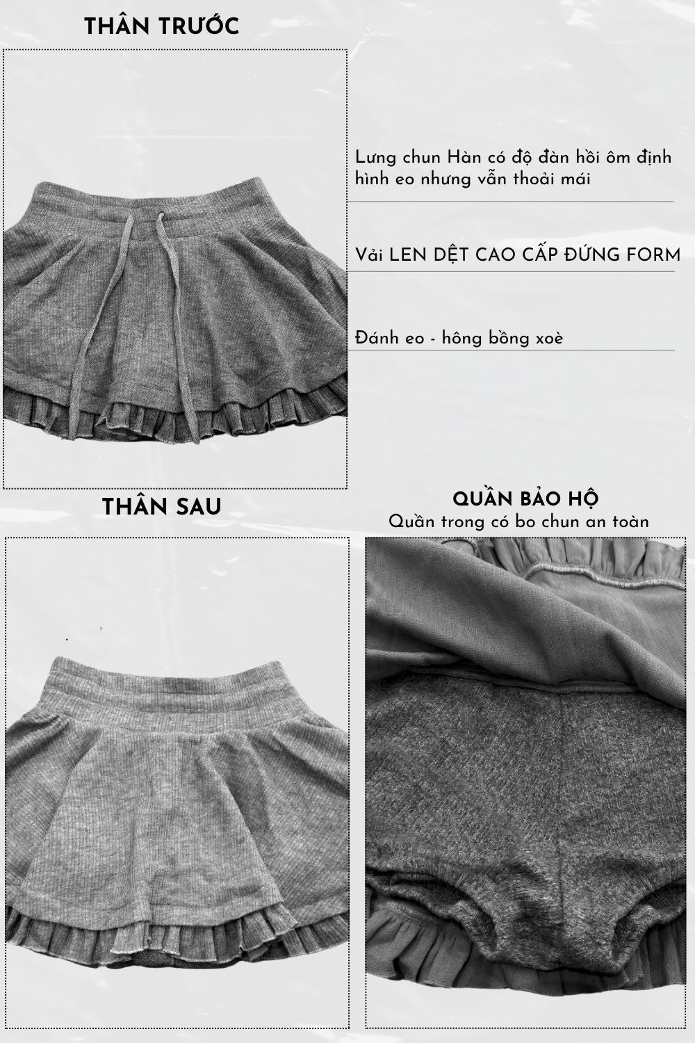 Gray skirt with detailed specifications on a white background