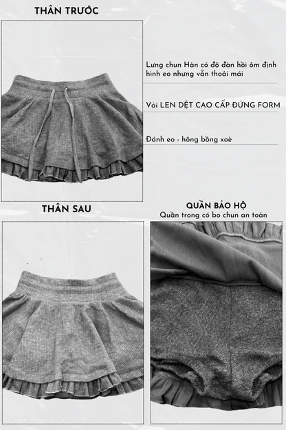 Gray skirt with detailed specifications on a white background