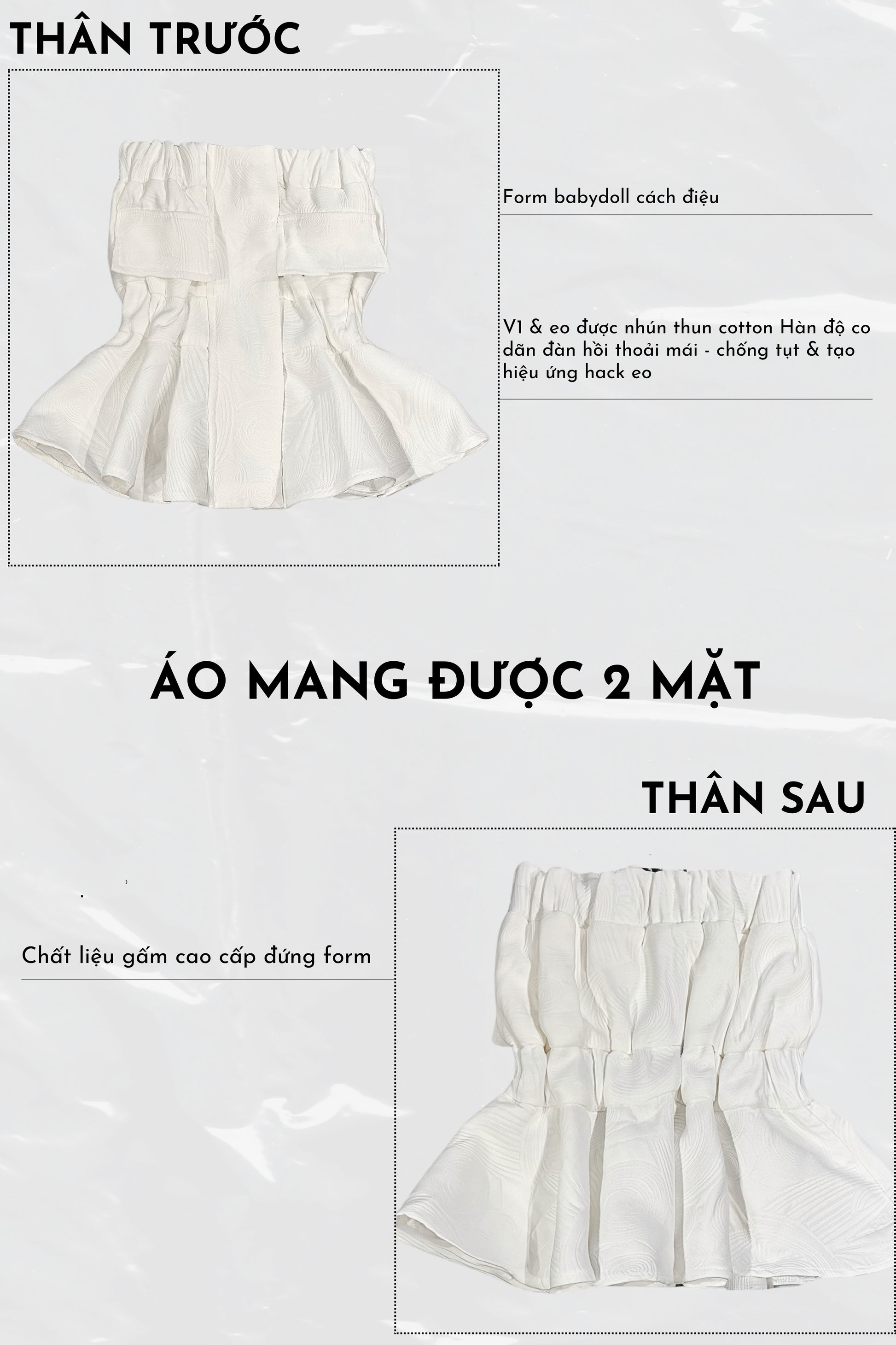 White babydoll dress with ruffled details on a white background