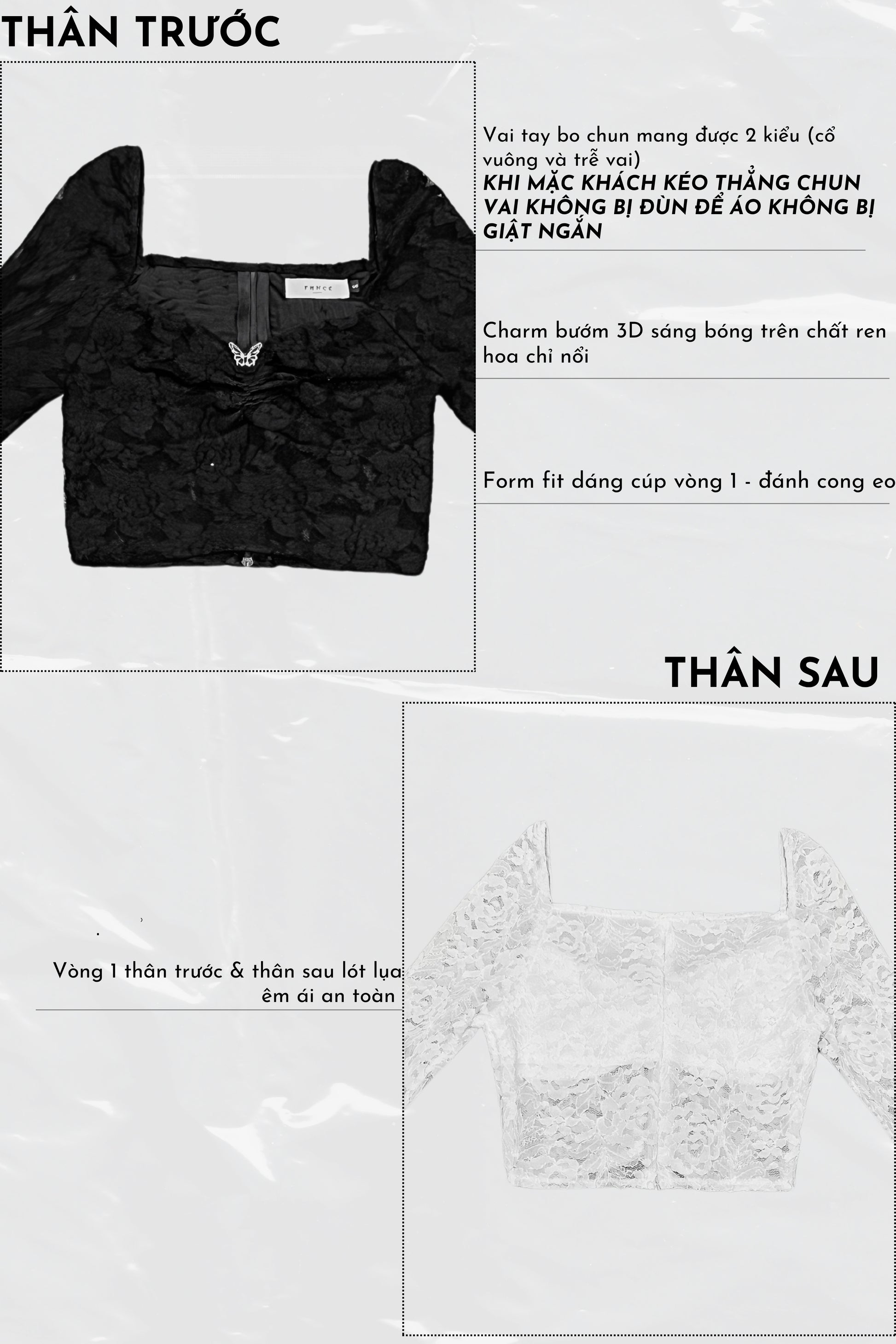 Black lace top with detailed specifications on a white background