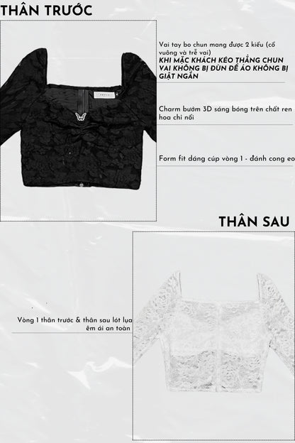 Black lace top with detailed specifications on a white background