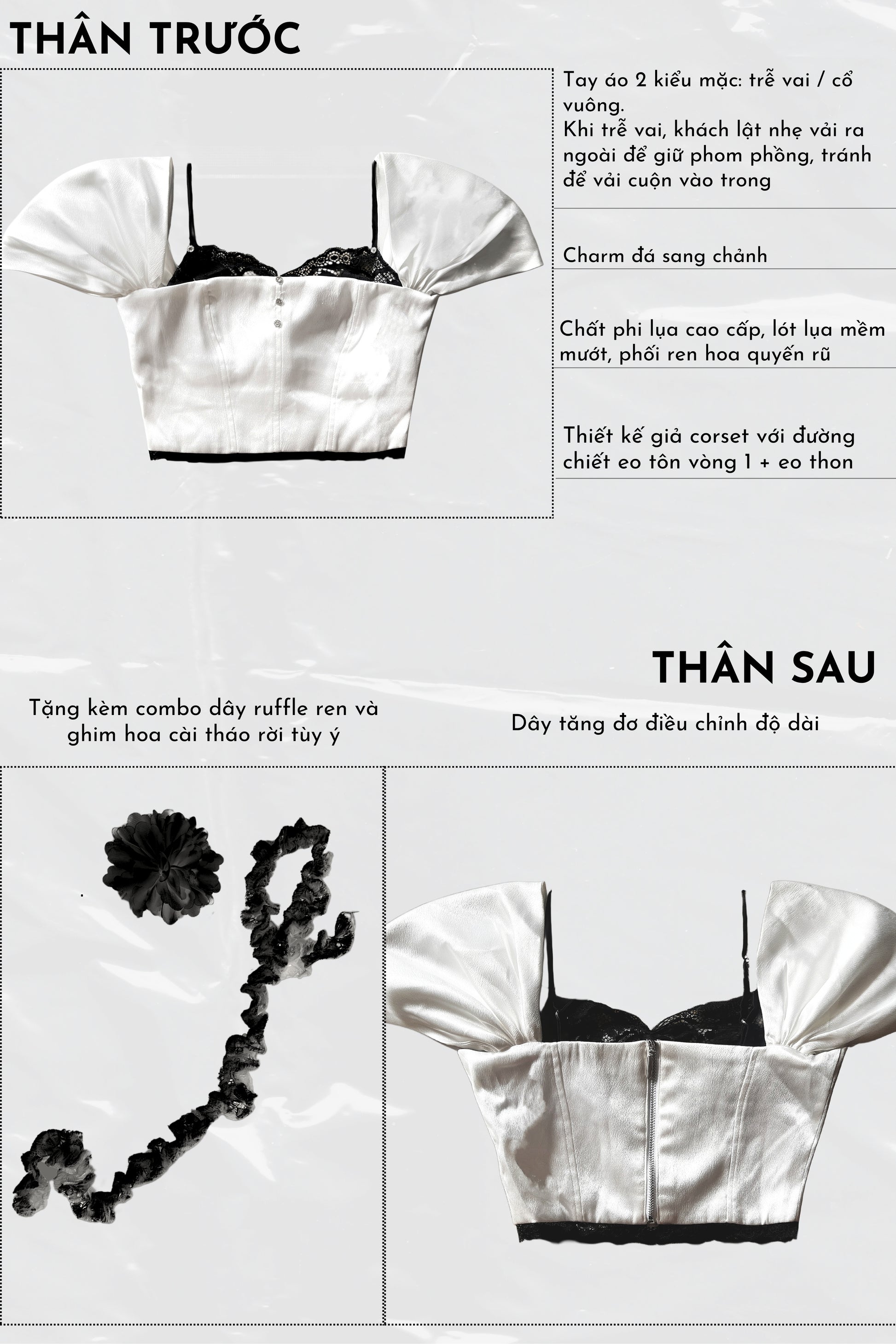 White satin top with black lace details on a gray background