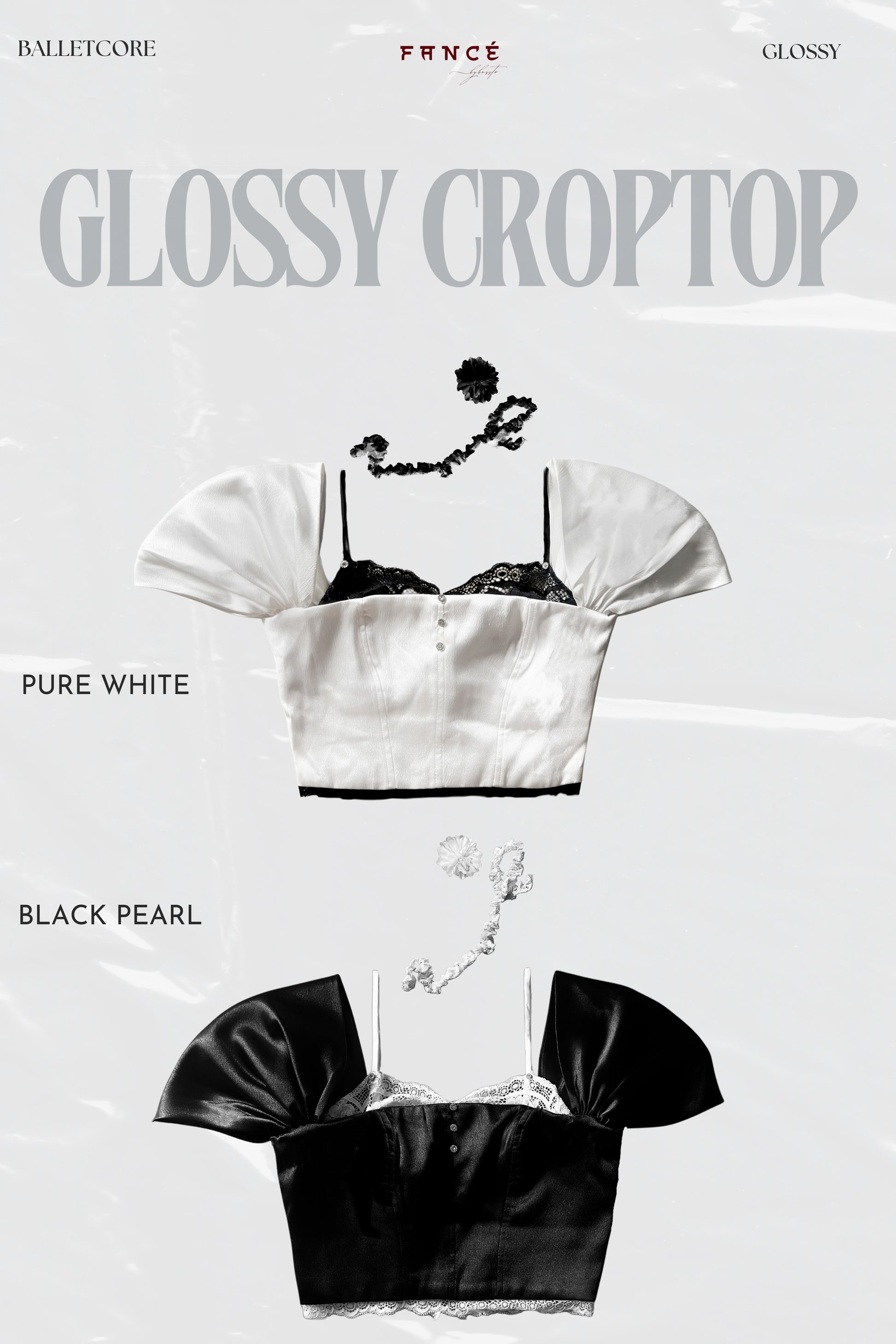 White and black satin crop tops on a white background with brand names.
