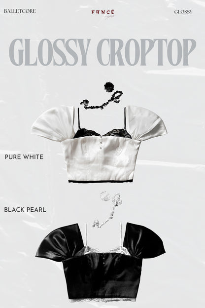 White and black satin crop tops on a white background with brand names.