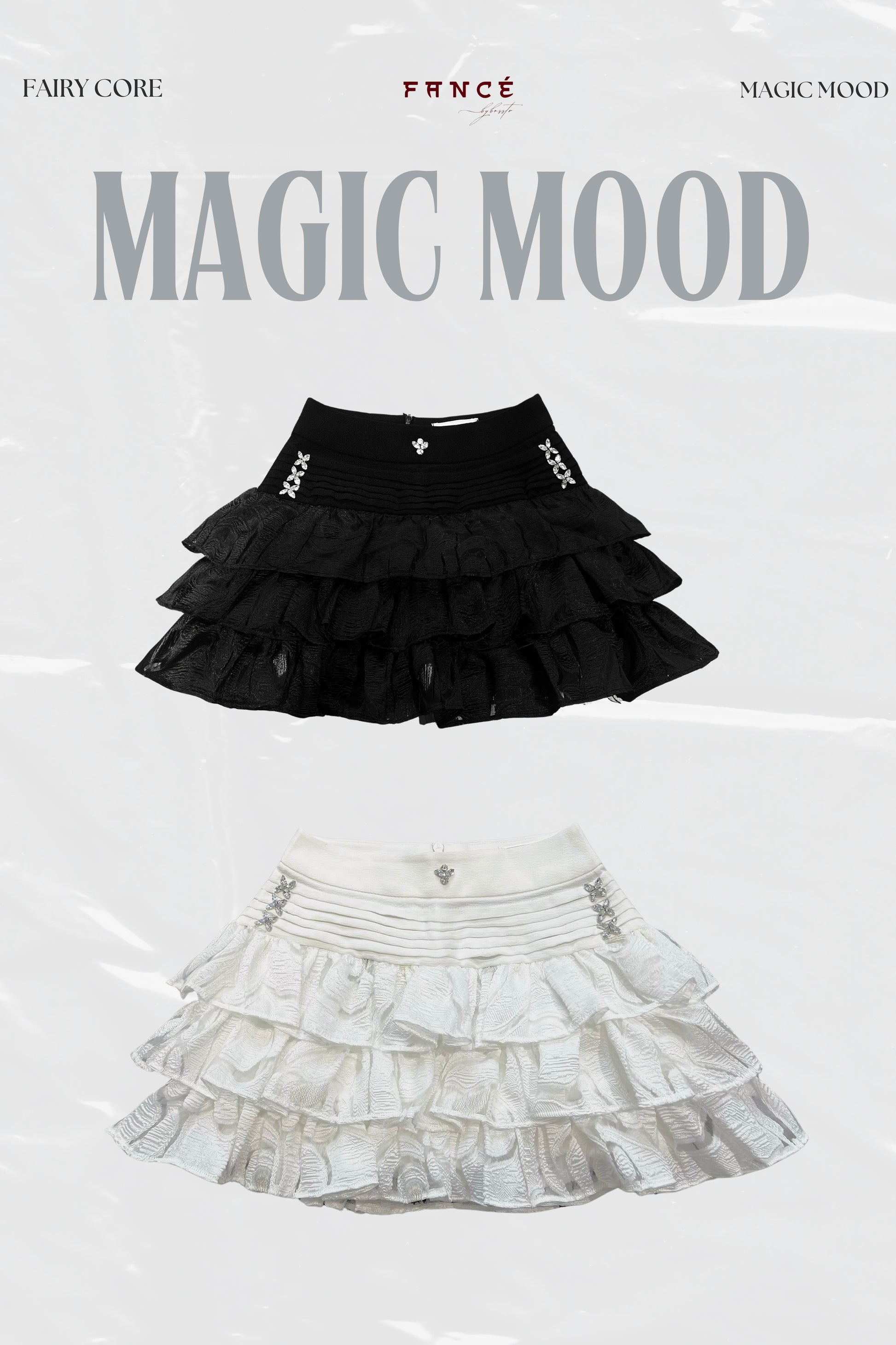 Black and white tiered skirts with 'Fairy Core' branding on a light gray background.