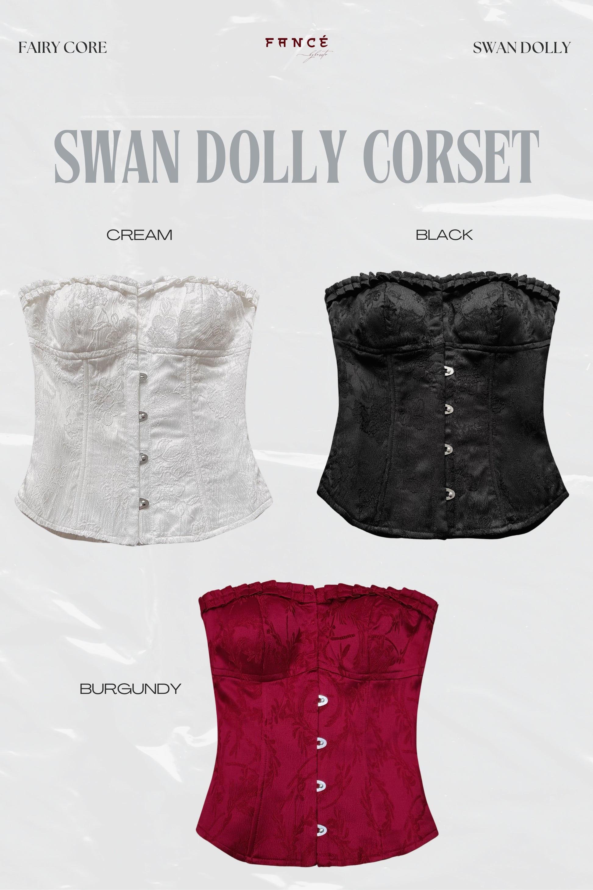 Three corsets in cream, black, and burgundy on a light gray background with 'Swan Dolly' branding.