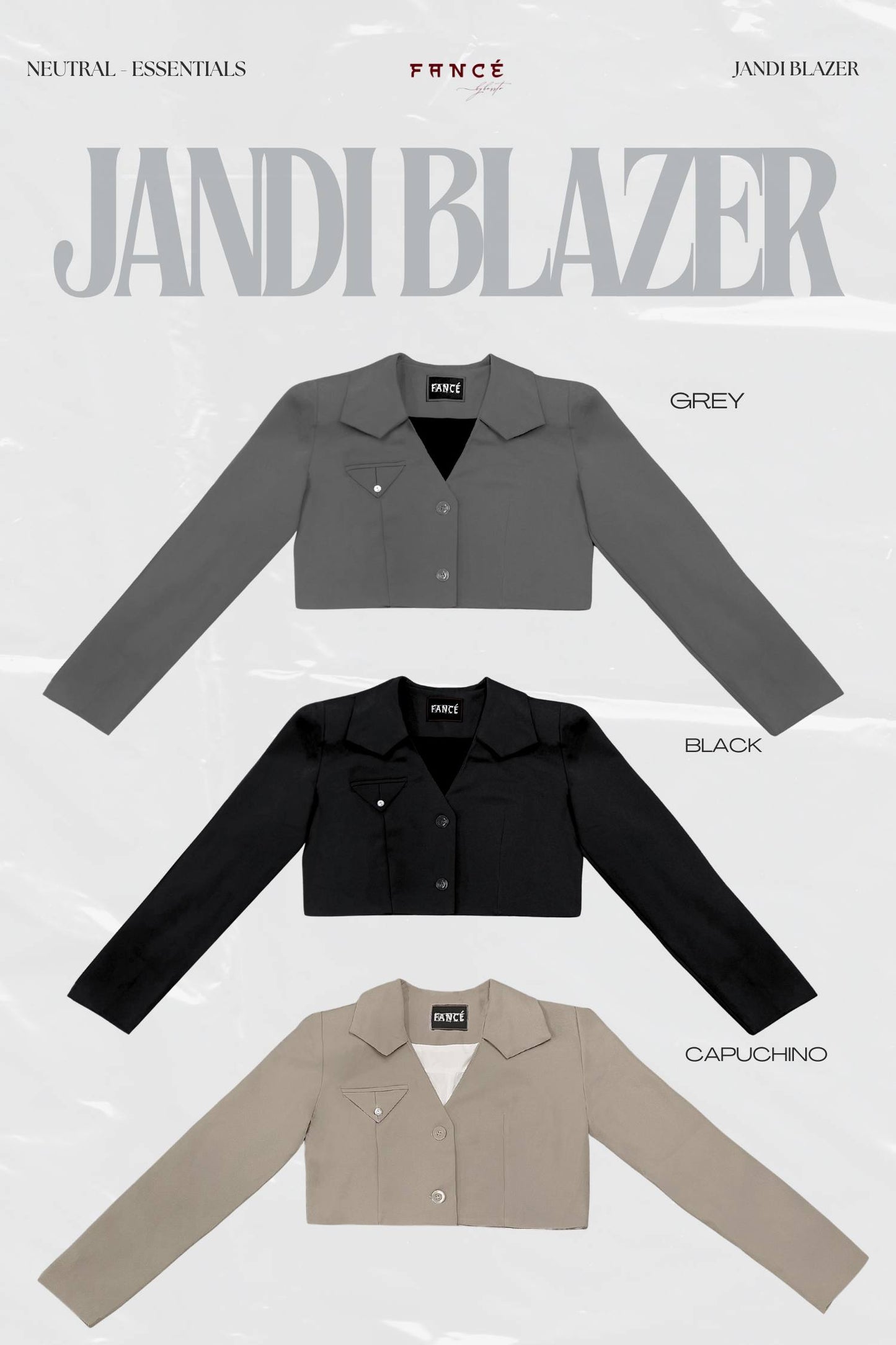 Three blazers in gray, black, and capuchino with 'Jandi Blazer' branding.