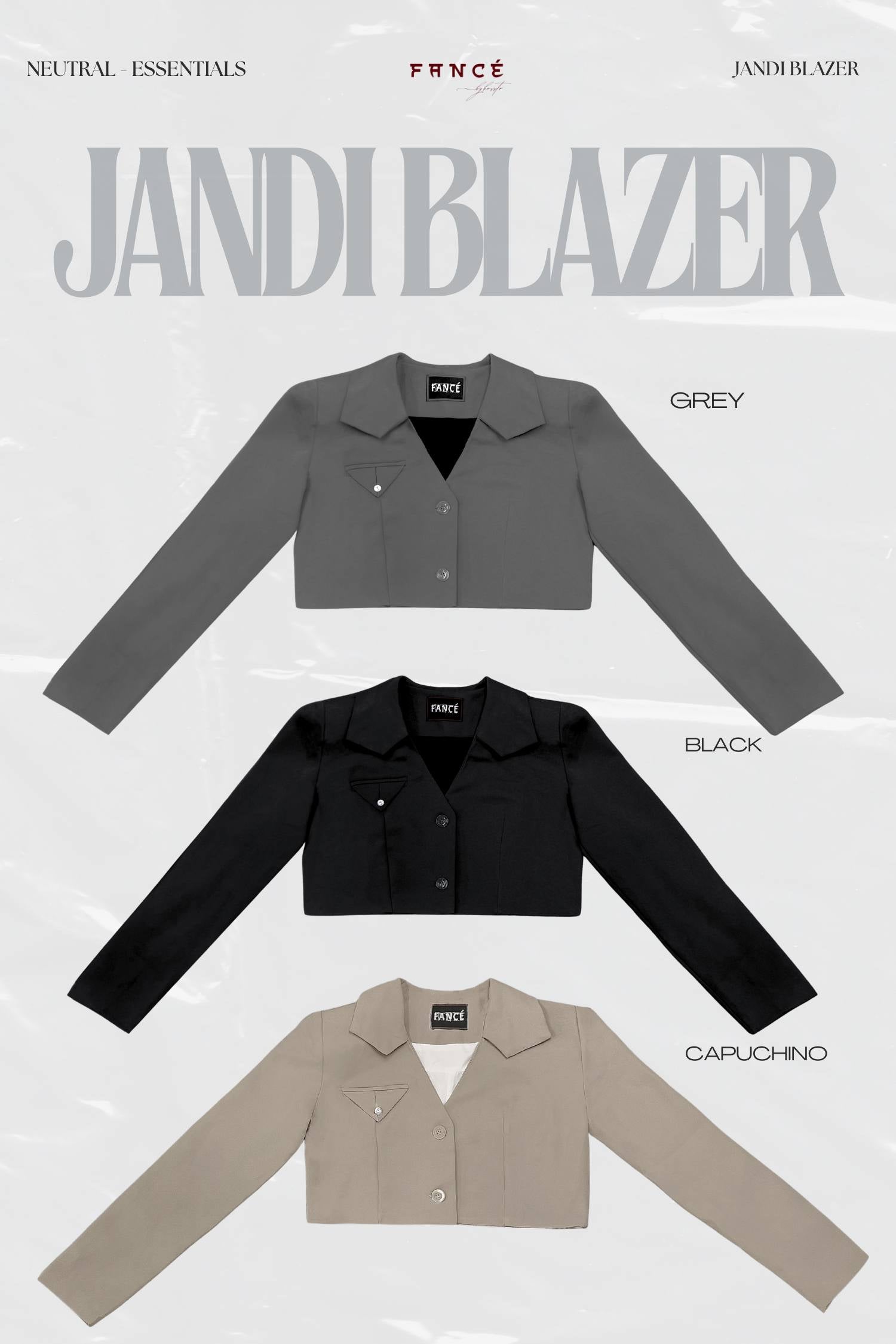 Three blazers in gray, black, and capuchino with 'Jandi Blazer' branding.