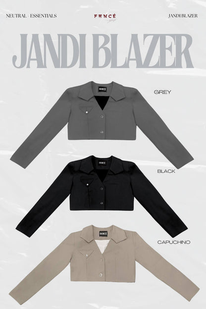 Three blazers in gray, black, and capuchino with 'Jandi Blazer' branding.