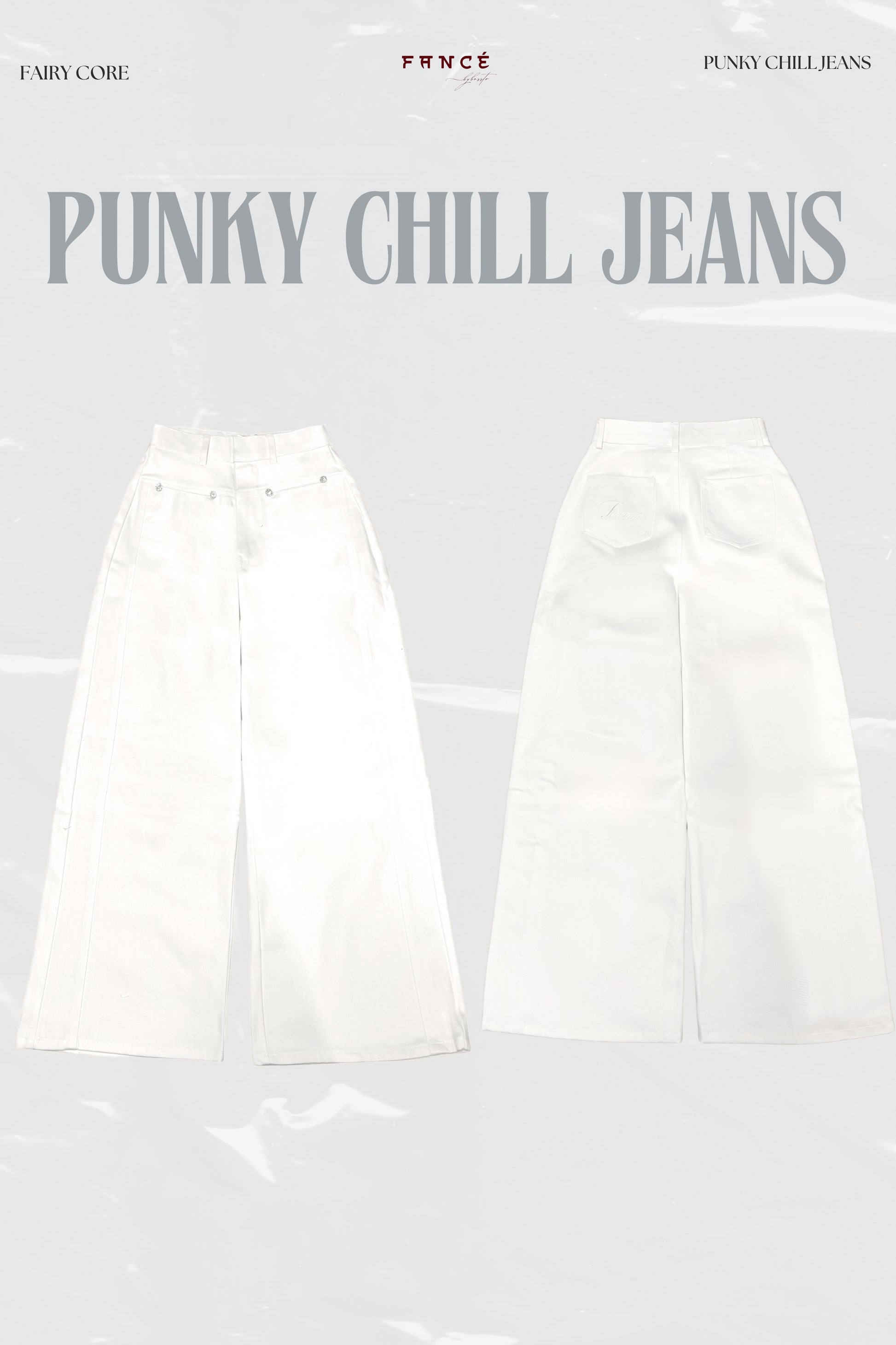 White jeans with 'Punky Chill Jeans' branding on a white background