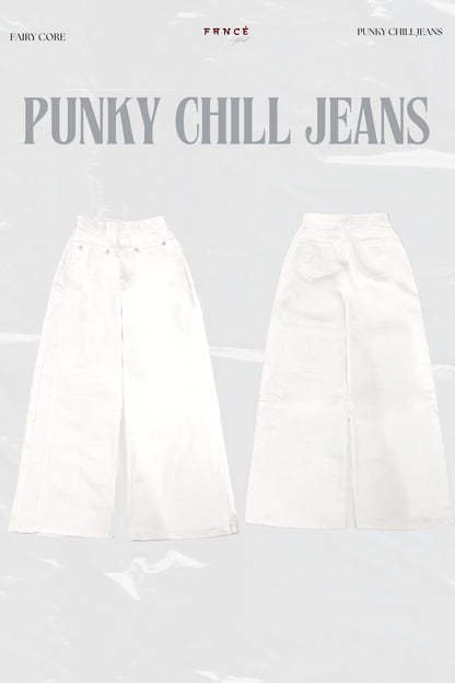 White jeans with 'Punky Chill Jeans' branding on a white background