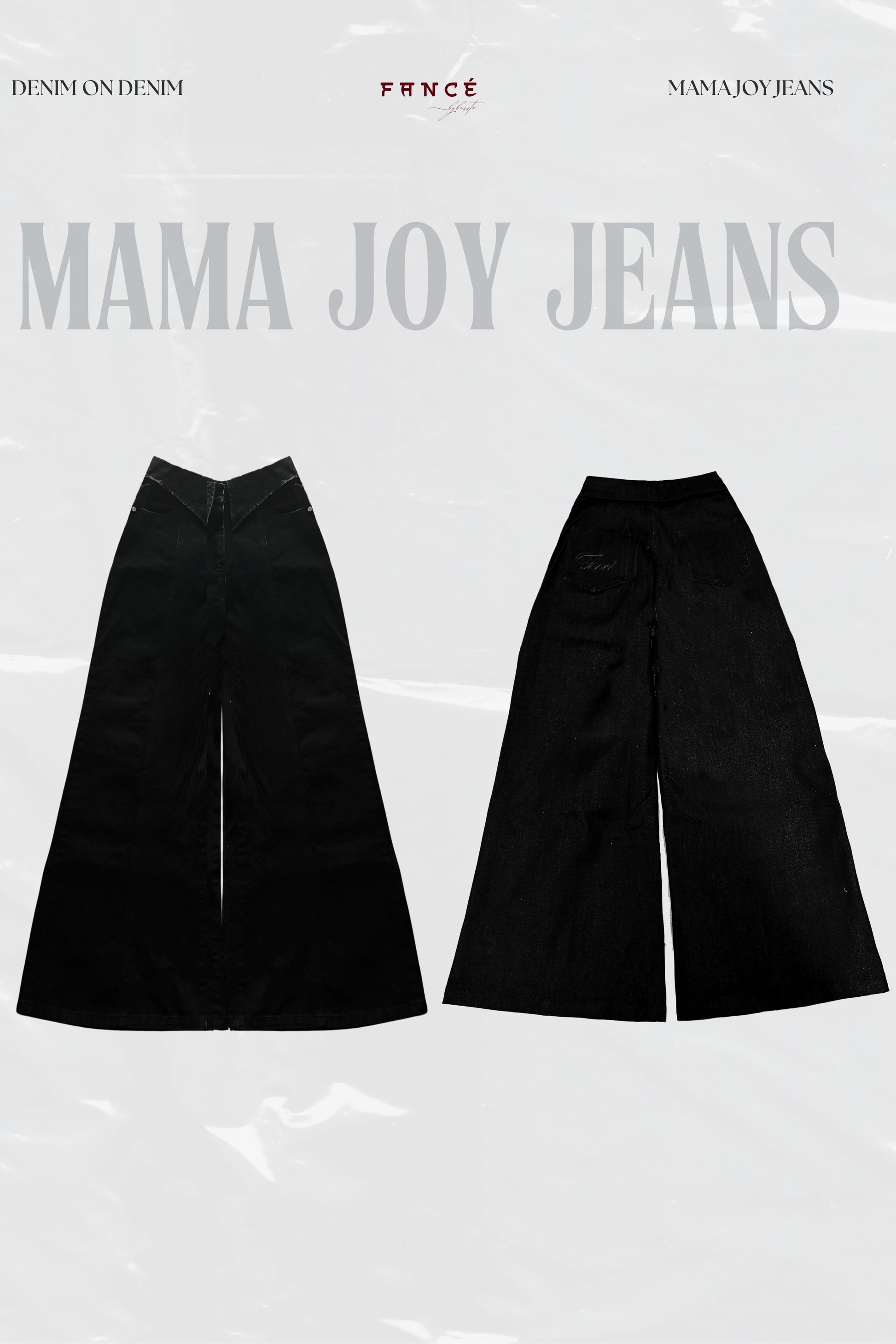 Black wide-leg jeans with 'Mama Joy Jeans' branding on a light gray background.
