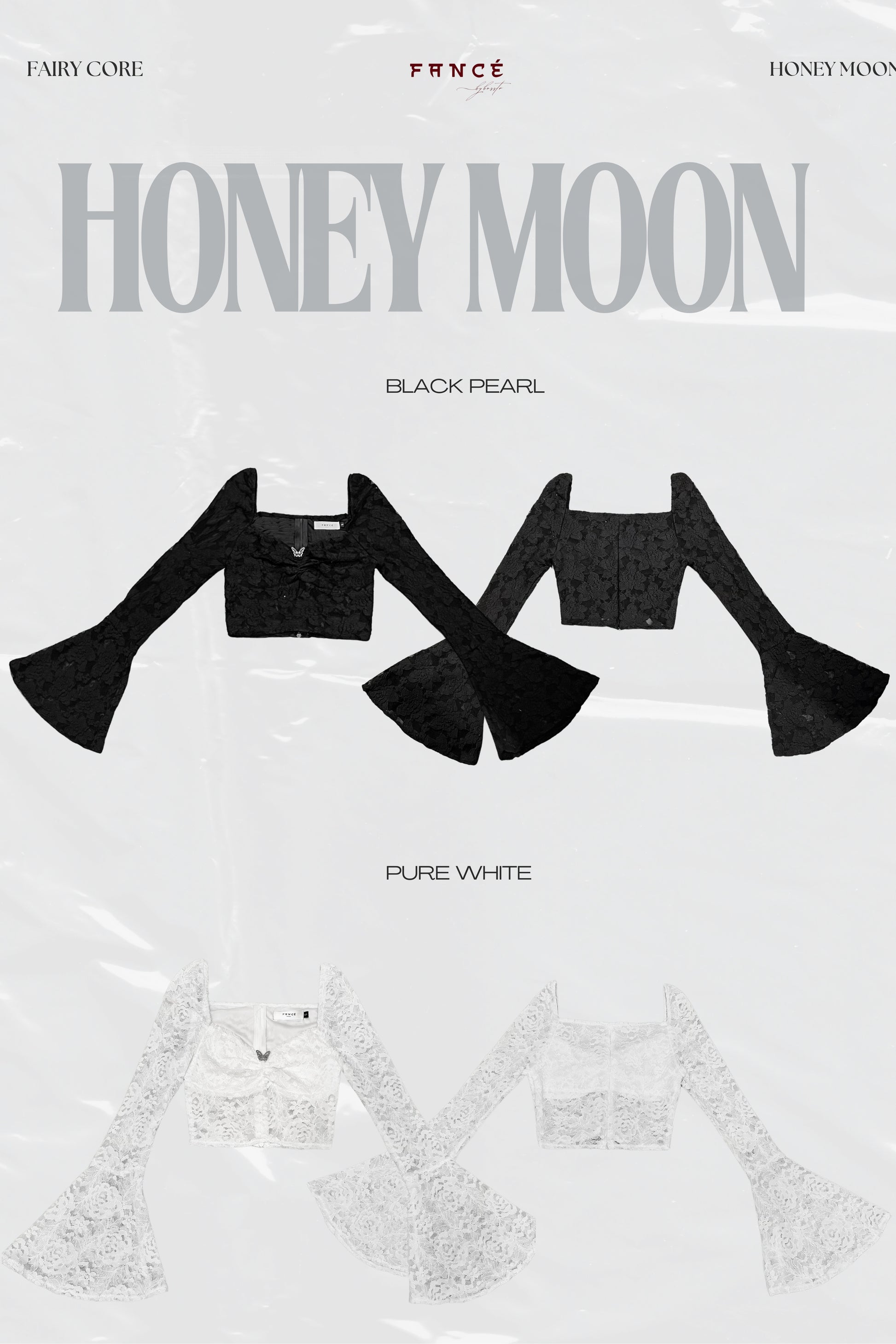 Product packaging with 'Honey Moon' branding and black and white designs.