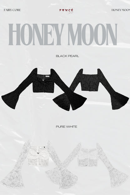 Product packaging with 'Honey Moon' branding and black and white designs.
