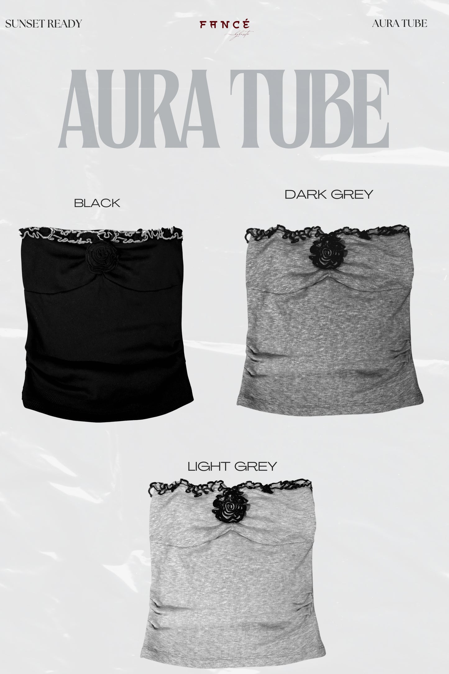Three tube tops in black, dark grey, and light grey with lace details on a white background.