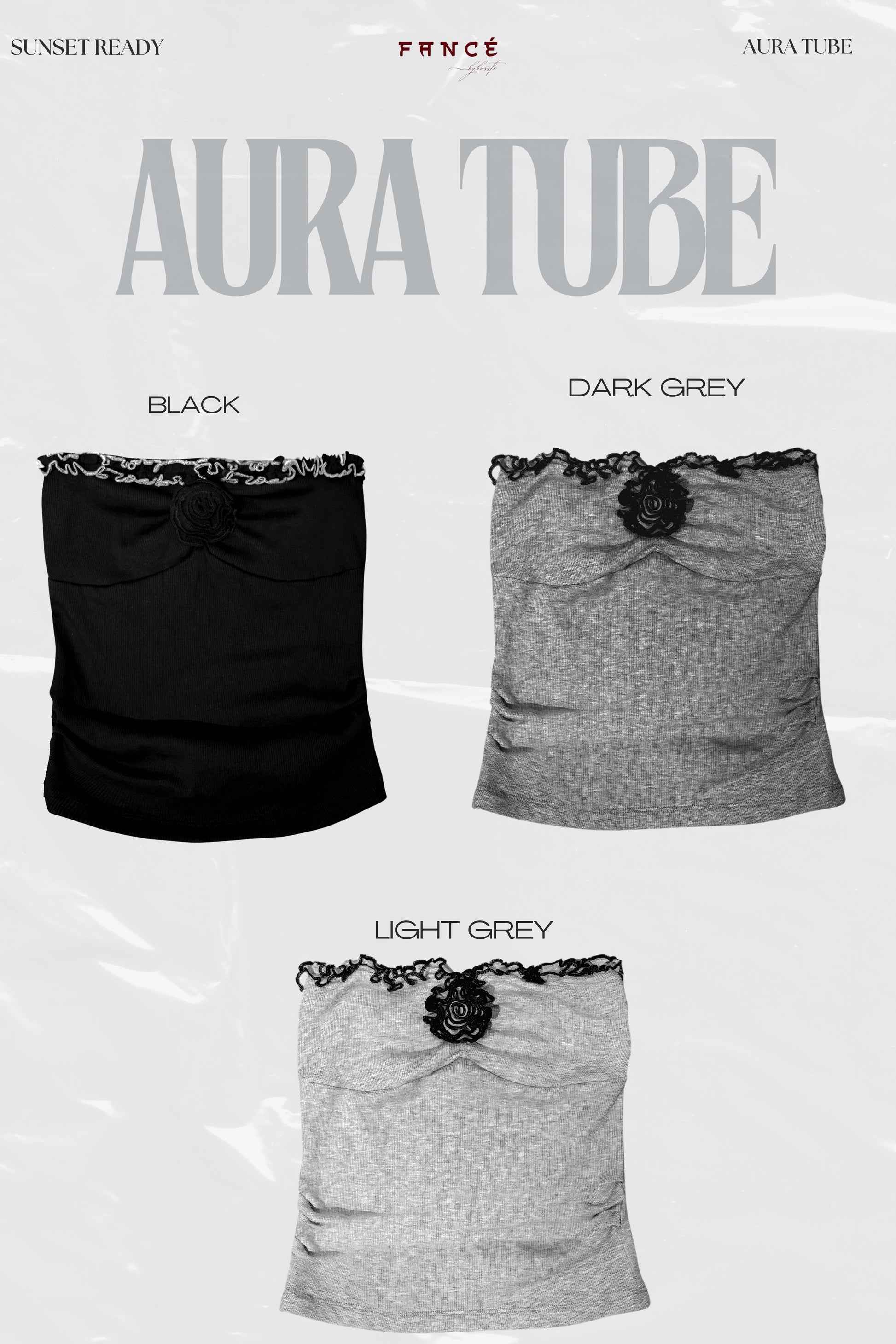 Three tube tops in black, dark grey, and light grey with lace details on a white background.