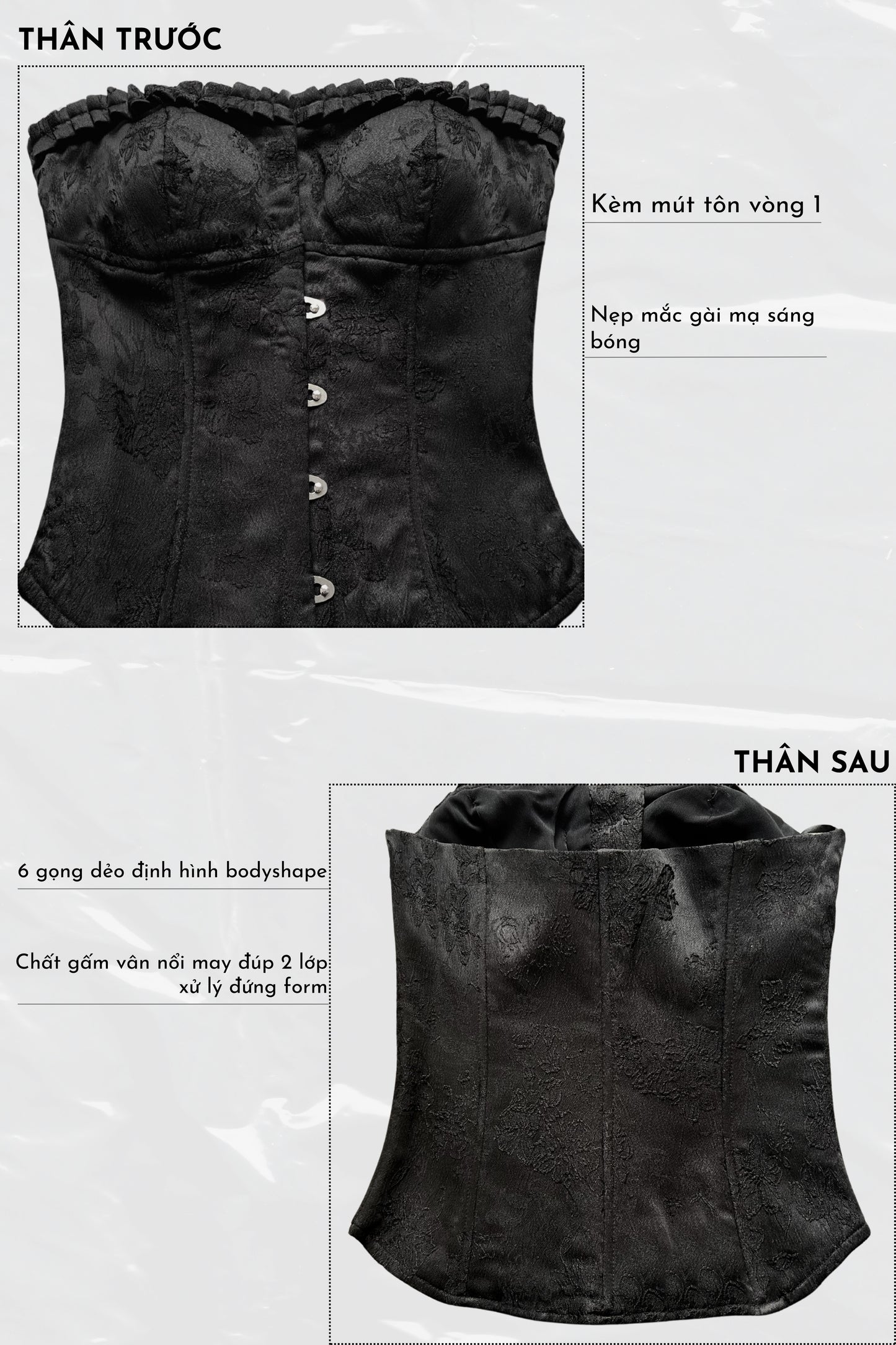 Black corset with text on a white background
