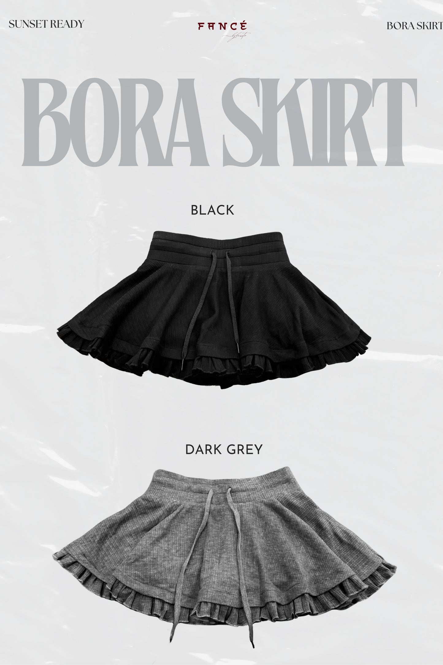 Black and dark gray skirts with 'Bora Skirt' branding on a white background.
