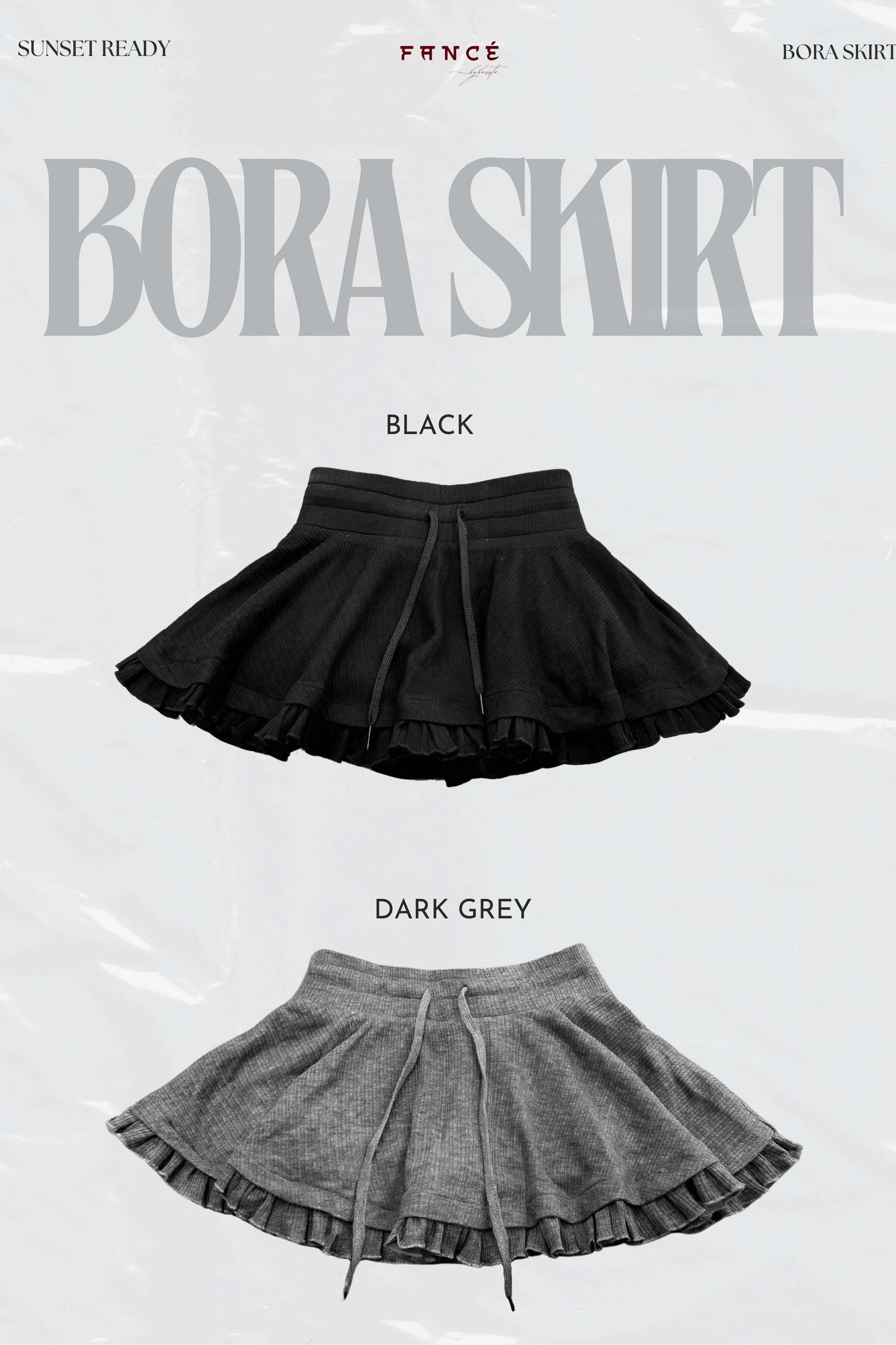 Black and dark gray skirts with 'Bora Skirt' branding on a white background.