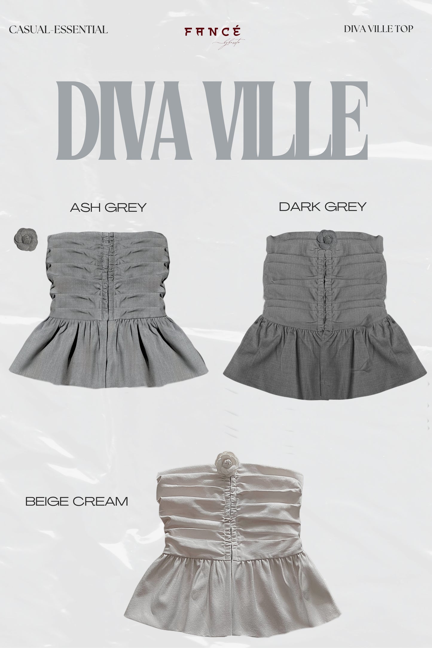 Diva Ville top in ash grey, dark grey, and beige cream on a white background