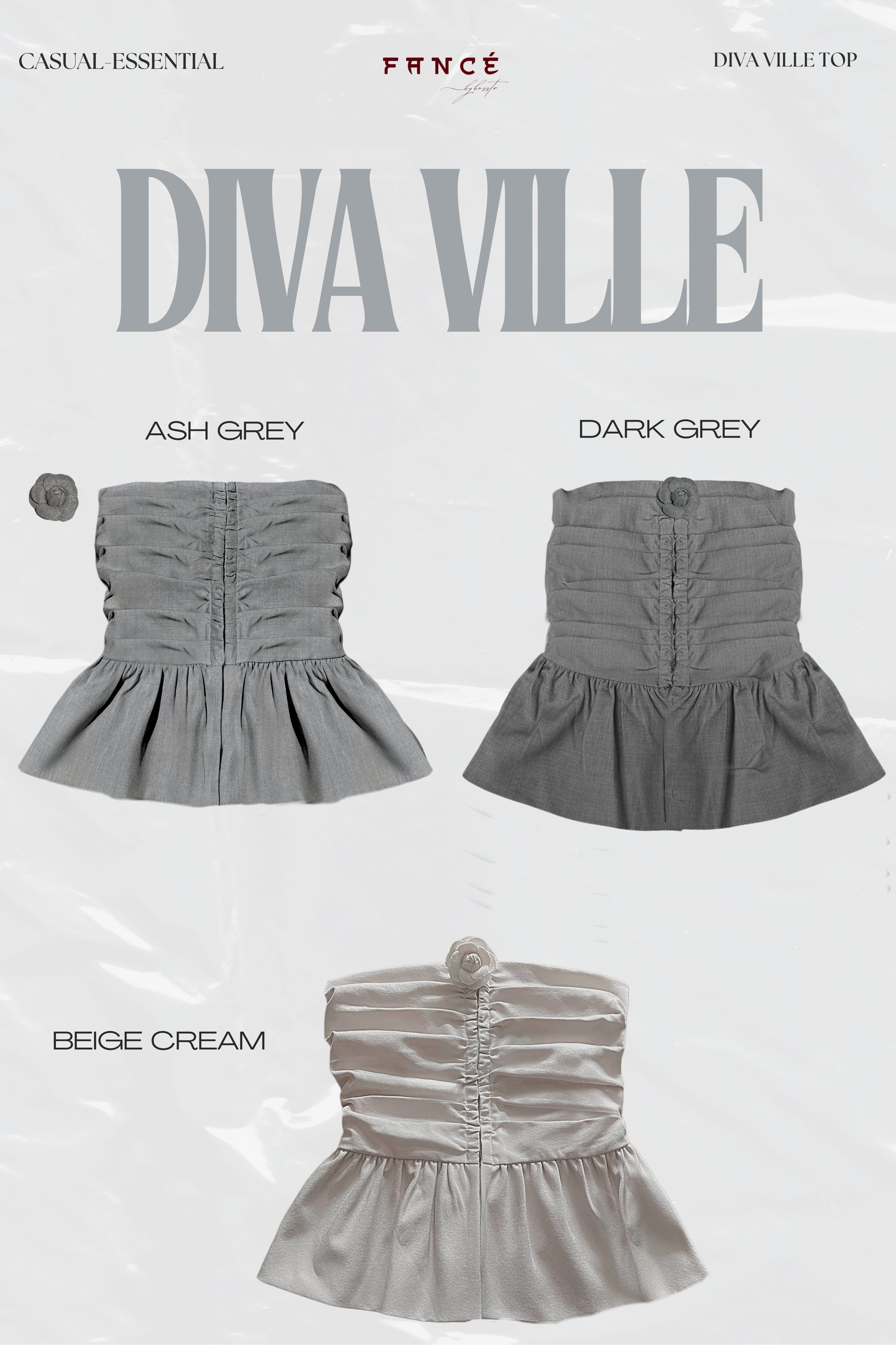 Diva Ville top in ash grey, dark grey, and beige cream on a white background