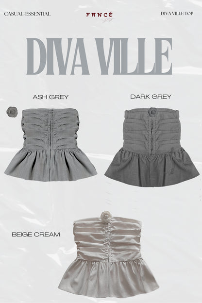 Diva Ville top in ash grey, dark grey, and beige cream on a white background